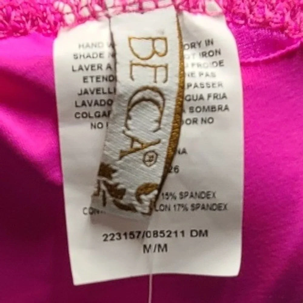 Becca Rebecca Virtue Hot Pink Ribbed Triangle Halter Bikini Top Gold Ring Medium